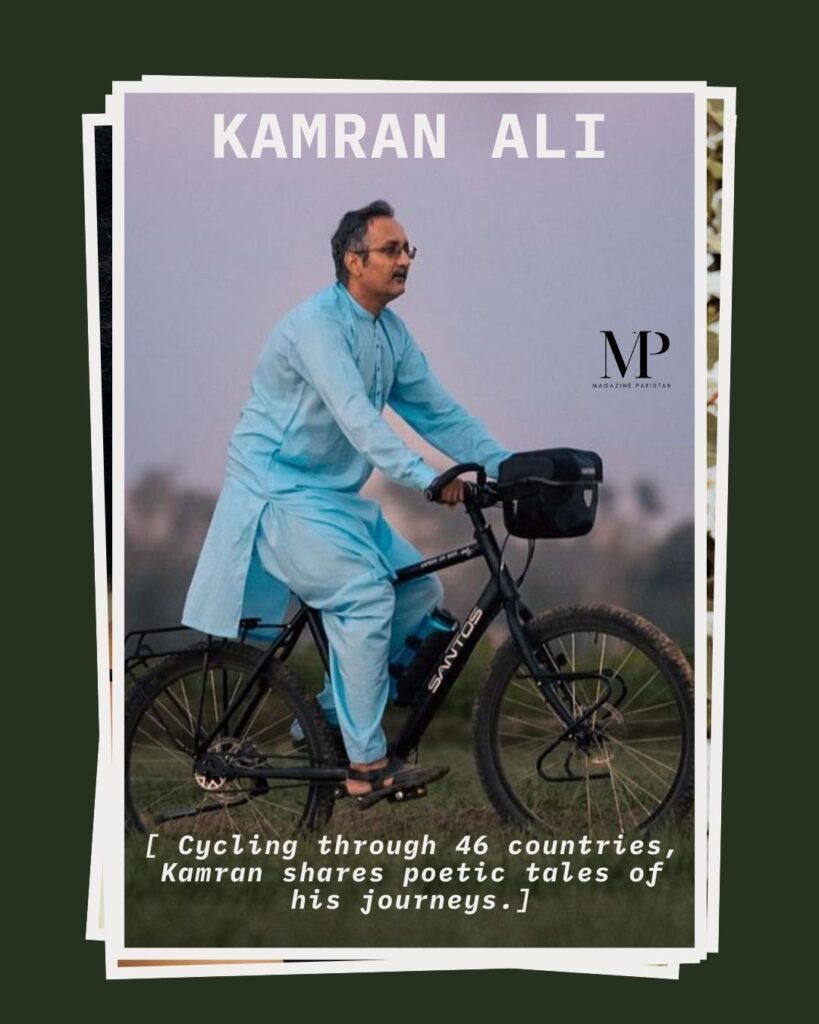 Kamran Ali on his bicycle, Pakistani travel influencer known for cycling across 46+ countries.